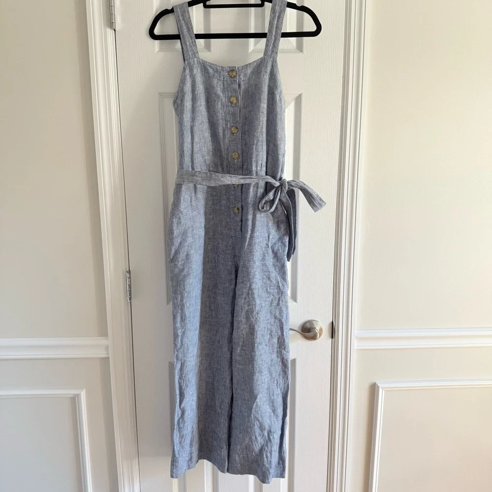 EVERLANE Blue White Striped Sleeveless 100% Linen Jumpsuit Women’s Size 4
